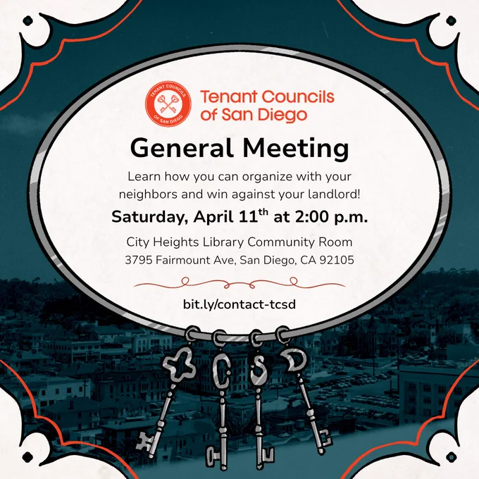 Graphic advertising TCSD's general meeting. A navy-blue toned background depicts apartments in the City of San Diego. In the foreground, the details of the meeting and TCSD's logo (a red circle with two keys crossed in an X pattern inside) as well as the details of the event are enclosed in the loop of a silver key ring.
