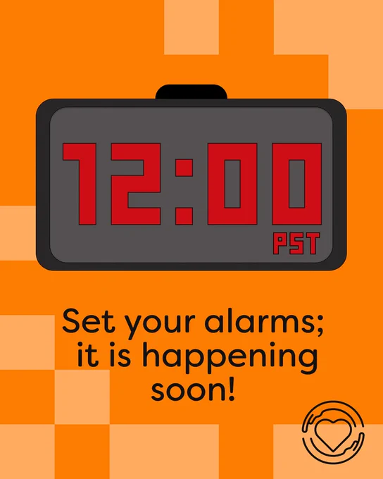 This graphic has a medium orange background with various lighter orange squares dotted around. In the center is a simple black digital alarm clock with the text, "12:00" on it in red. Below it is the text, "Set your alarms, it is happening soon..." in black. The One of Us logo, a heart surrounded by a pair of hands, is in the bottom right corner. 