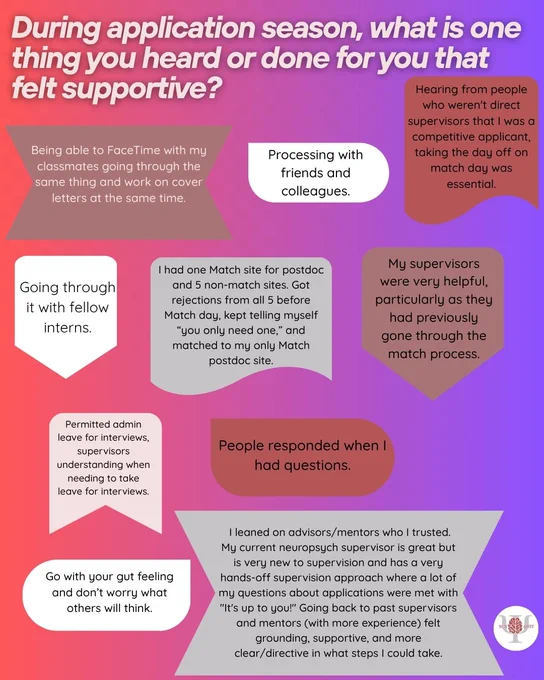 Header states: During application season, what is one thing you heard or done for you that felt supportive? Responses are below in various abstract shapes. ANST logo bottom right corner.