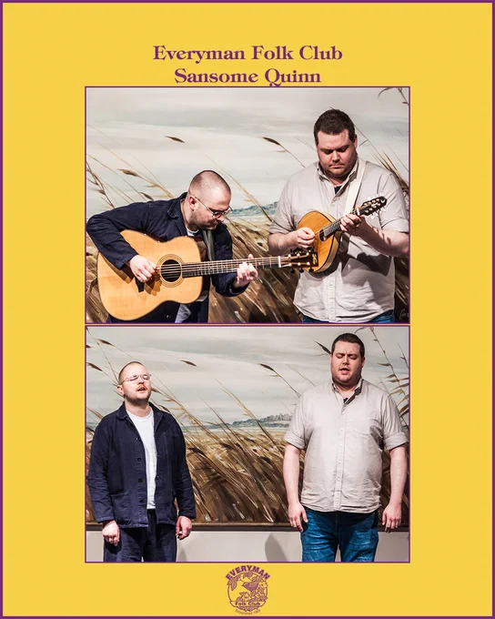 Two photos of Sansome Quinn performing. In each, George Sansome is standing on the left wearing a white t-shirt, with a dark blue jacket and trousers. Matt Quinn is standing on the right, dressed in a cream shirt with the sleeves rolled up, and blue jeans. In the upper photo, George is playing guitar, and Matt is playing banjo. In the lower image, they are singing together, unaccompanied.