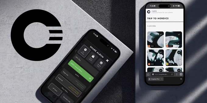 Two smartphones display the Cryptee app, featuring options for sharing encrypted albums and images of a trip to the Nordics.