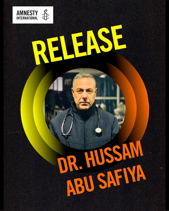 This image features a poster with the words "Release Dr. Hussam Abu Safiya" in bold yellow and orange text. A person is shown in the center, wearing a stethoscope. The upper left corner displays the Amnesty International logo. The background includes circular gradient shapes in orange and black.