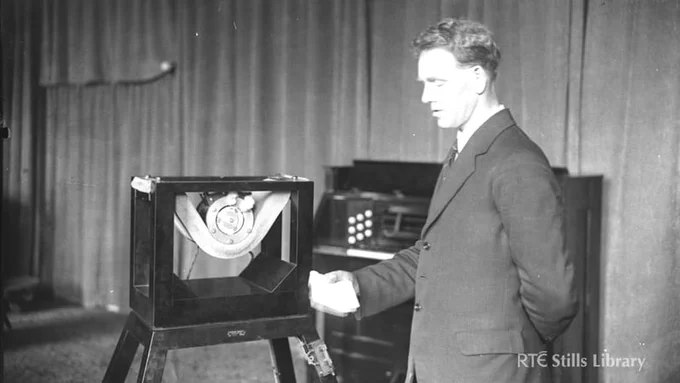 The first voice on Irish radio: Séamus Hughes in the 2RN studios in Dublin's Little Denmark Street in 1926. Photo: Joseph Cashman/RTÉ Stills Library