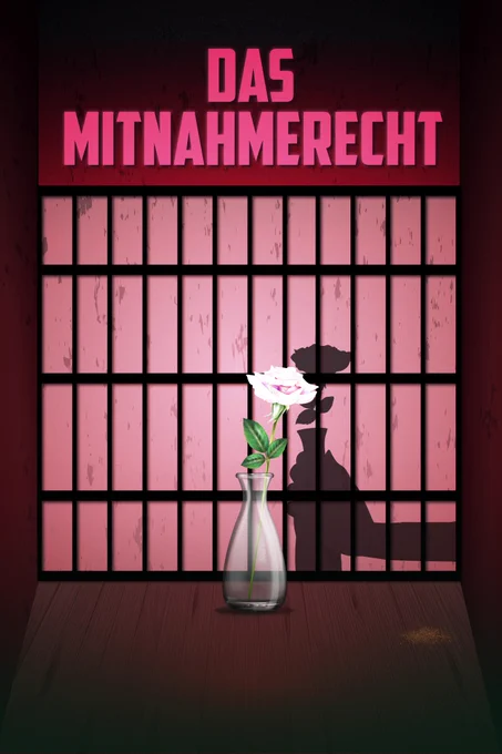 Book cover for "Das Mitnahmerecht". A closed-off room with a glass vase and a white rose in the middle. The light from the front casts shadows of prison bars onto the wall behind it. Hidden within the shadows, the silhouette of a hand is grabbing the vase and the rose. On the floor in the corner are crumbs of a praline. The title is written at the top in bright neon pink.
