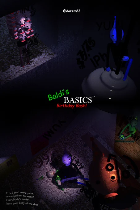 a baldi's basics birthday bash poster with every baldloon colour doing stuff on the cafeteria. the purple one's crawling out baldi's body