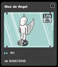 Ejemplo de unas Alas de Ángel en Habbo.es mostrando su Número de Serie y dueño