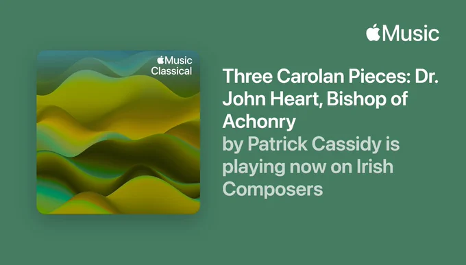 Patrick Cassidy’s arrangements of Turlough O’Carolan’s music are featured on the Irish Composers playlist on Apple Music Classical @AppleClassical  

These recordings appear on the album Deirdre of the Sorrows (Supertrain Records), where Patrick’s Baroque-influenced approach informs the interpretation of these historic works.
Conducted by Maestro Derek Robert Gleeson
https://music.lnk.to/HhMnlt

#PatrickCassidy #AppleMusicClassical #ClassicalMusic #IrishComposer #TurloughOCarolan