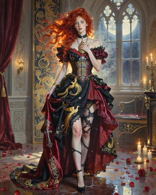 A young adult red-haired woman stands with confident yet tender presence in a lavish, dimly lit chamber, her posture dominant but softened by visible longing. Her copper hair flows in loose, wind-touched waves, framing a freckled porcelain face with intense green eyes fixed on the viewer. One hand presses a golden locket against her chest while the other rests on a velvet-covered pedestal. She wears a black and deep crimson gown with layered ruffles, torn lace details, and intricate gold embroidery featuring phoenix and dragon motifs, accented with gothic jewelry. The scene is lit by a mix of warm candlelight and cool moonlight streaming through tall arched windows, creating strong contrasts, soft glowing edges, and drifting particles in the air. In the foreground, scattered rose petals and lace fragments lie on a dark polished marble floor. She stands in sharp focus at the center, while the background fades into a soft haze of antique panels, candelabras