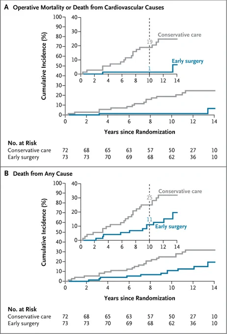 Kaplan–Meier estimates of the cumulative incidence of death during surgery or within 30 days after surgery (called operative mortality) or death from cardiovascular causes (the primary composite end point) (Panel A) and of death from any cause (a secondary end point) (Panel B) among patients who had been randomly assigned to either undergo early surgery or receive conservative care. 