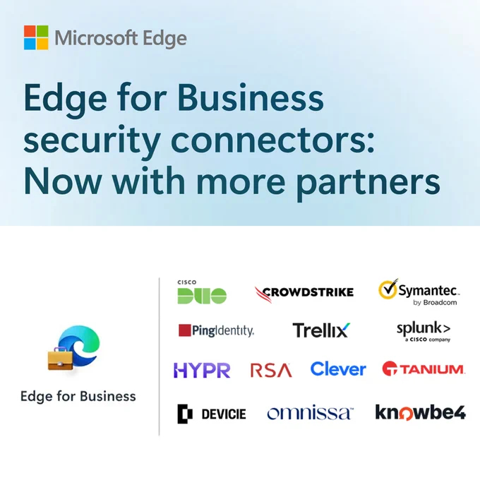 Microsoft Edge graphic announcing ‘Edge for Business security connectors: Now with more partners.’ Below the headline is a grid of partner logos, including Duo, CrowdStrike, Symantec, PingIdentity, Trellix, Splunk, HYPR, RSA, Clever, Tanium, Device, Omnisaser, and KnowBe4. A small Edge for Business logo appears in the lower-left corner.