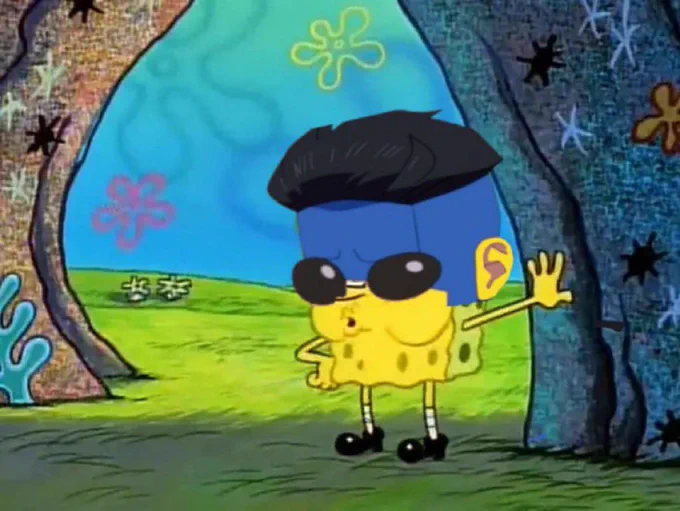 SpongeBob looking stressed but he’s got an Invincible mask and hair on