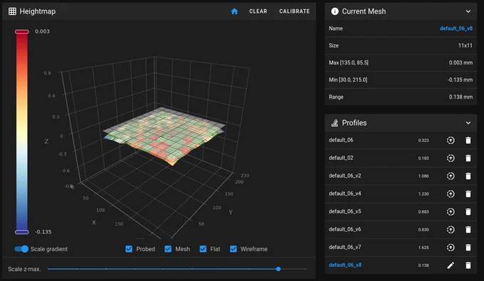 Screenshot of my bed mesh showing:

Max [135.0, 85.5] of 0.003 mm
Min [30.0, 215.0] of -0.135 mm
Range of 0.138 mm