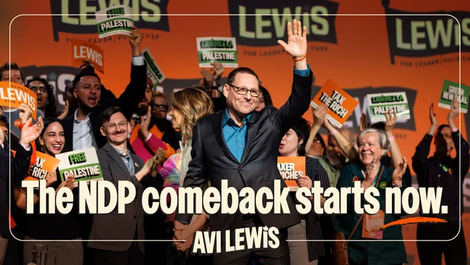 Avi Lewis waving as supporters gather behind him beneath a slogan: "The NDP comeback starts now."