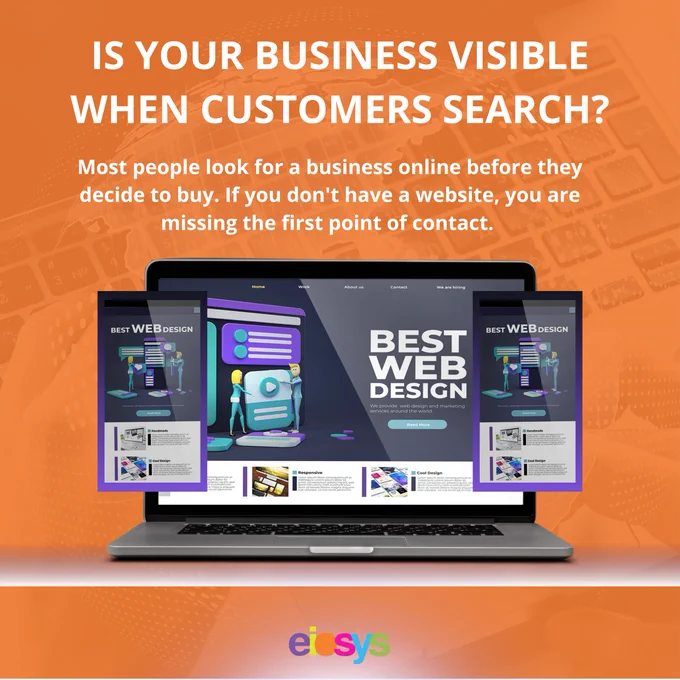 A vibrant orange graphic asking "Is your business visible when customers search?" featuring a laptop and mobile devices showcasing a modern web interface.