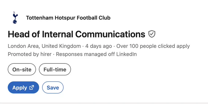 Tottenham Hotspur Head of Internal Communications LinkedIn job ad