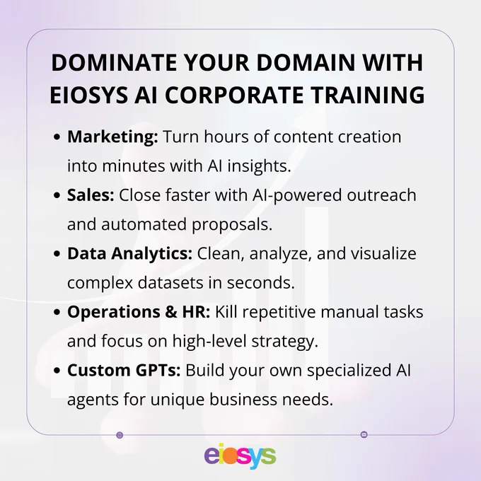 A feature list from Eiosys showcasing the diverse benefits of AI  Corporate training across Marketing, Sales, Data, and HR.