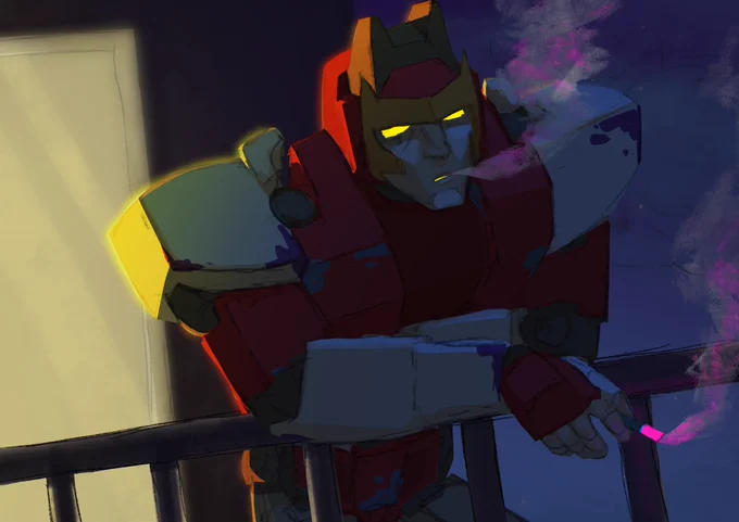 ambulon stands on his balcony, disgruntled. he smokes and leans on the railing
