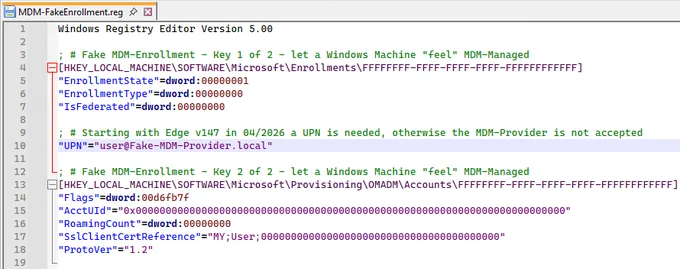 Screenshot der MDM-FakeEnrollment.reg Datei des Fake-MDM-Providers für Microsoft Edge.