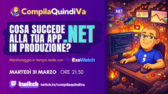Copertina (cover) della live su Twitch con titolo *Cosa succede alle tue app .NET in produzione? Monitoring in tempo reale con ExeWatch [Live Coding]*, programmata per martedì 31 marzo 2026 alle ore 21:30 sul canale Twitch "CompilaQuindiVa" di Marco Breveglieri (https://twitch.tv/compilaquindiva).