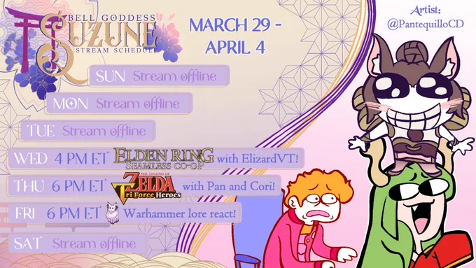 Schedule for 3/29 - 4/04:
Wednesday, 4 PM ET: Elden Ring seamless co-op with @ElizardVT
Thursday, 6 PM ET: Triforce Heroes with @PantequilloCD and @CorianderVT 
Friday, 6 PM ET: Warhammer lore react part 2!