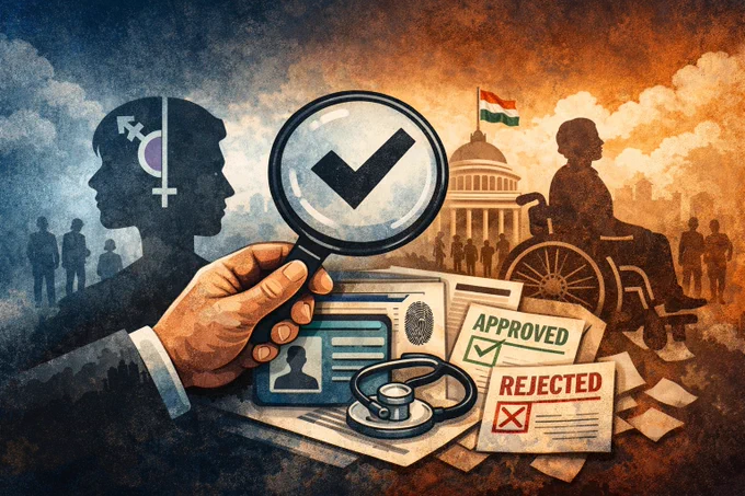 A conceptual illustration showing a large hand holding a magnifying glass over identity documents, including an ID card and fingerprint. The magnifying glass highlights a check mark, while nearby papers are marked “approved” and “rejected.” On one side, a silhouette of a person’s head contains a transgender symbol; on the other, a person sits in a wheelchair in front of a government building with the Indian flag. The background is split into cool blue and warm orange tones, suggesting contrast and scrutiny around identity and rights.