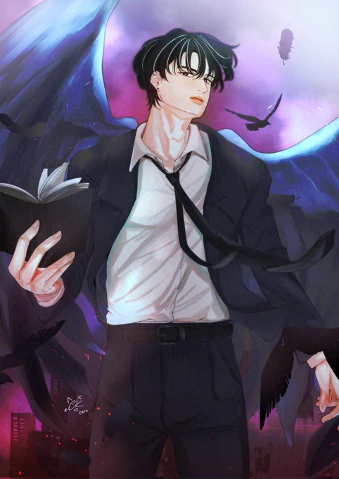 DTIYS Prize
Original Character belongs to @crayven_

An artwork drawn by me depicting a grim reaper character. His wings spread, holding a book in his right hand, gazing upon a destroyed city from above. Feathers scattered and silhouette of crows can be seen.

*The character's lore and personality might not be accurate in this artwork*