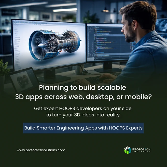 Building powerful 3D engineering applications starts with the right technology foundation, and that’s where the HOOPS SDK from Tech Soft 3D makes the difference.

With high-performance rendering, precise CAD data translation, and rich, interactive 3D experiences, HOOPS SDK helps teams build scalable desktop, web, and mobile engineering applications faster and more efficiently.

At ProtoTech Solutions, we use this toolkit to build advanced 3D applications for industries like CAD, CAM, CAE, AEC, PLM, MaaS, metrology, and additive manufacturing. Our solutions streamline design visualization, ensure accurate CAD interoperability, and create intuitive 3D workflows.

With over 20 years of experience working with HOOPS technologies, our CEO, Rajesh Bhartiya, was also a member of the HOOPS development team, giving us a unique advantage in delivering optimized solutions.