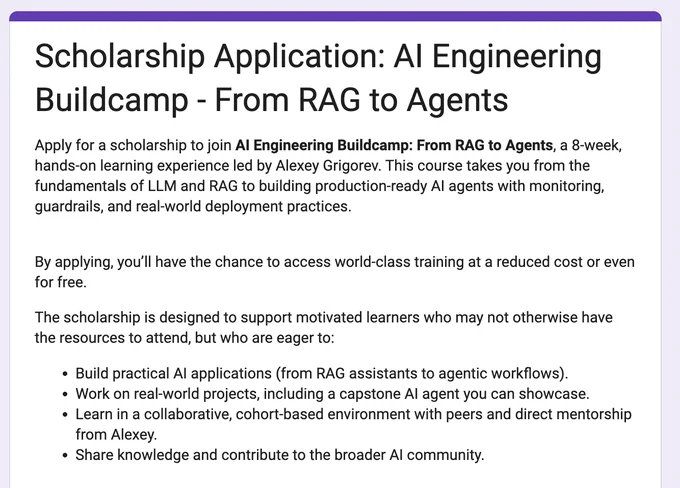 Details about an AI Engineering Buildcamp scholarship application, highlighting course structure, benefits, and application deadline.