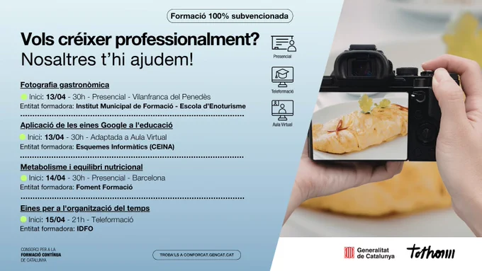 Llistat de cursos que comencen entre el 13 i el 15 d'abril amb una il·lustració d'una càmera de fotos amb una imatge d'un àpat.