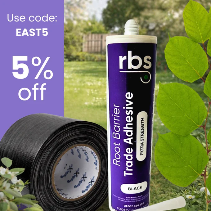In the foreground there is a roll of root barrier tape and root barrier trade adhesive. In the background you can see the code EAST5 and Japanese knotweed leaves and a springtime garden.