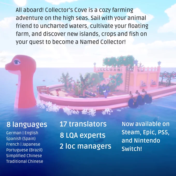 Collector’s Cove from VoodooDuck is a cozy farming adventure on the high seas. Sail with your animal friend to uncharted waters, cultivate your floating farm, and discover new islands, crops and fish on your quest to become a Named Collector! LocQuest localized the game in 8 languages: German, English, Spanish (Spain), French, Japanese, Portuguese (Brazil), Simplified Chinese, and Traditional Chinese