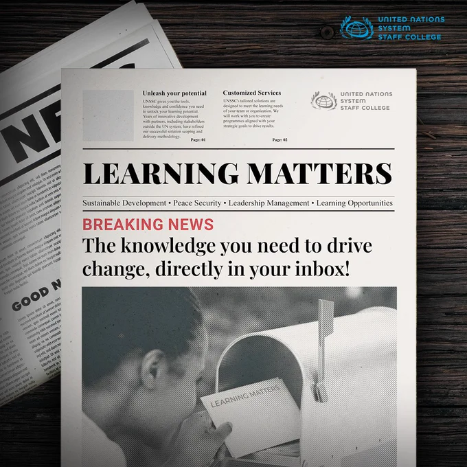 Front page of a Learning Matters newsletter highlighting breaking news about knowledge delivery via email for sustainable development, peace and security, leadership management and learning opportunities,