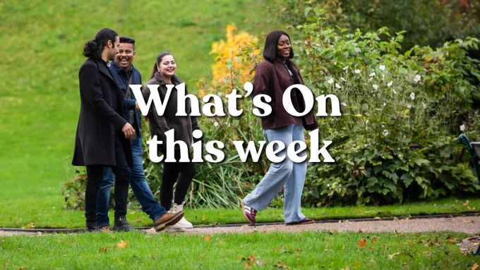 Four students walking in Peel Park