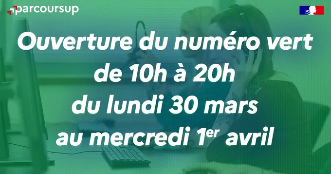 Ouverture du numéro vert Parcoursup de 10h à 2Oh du lundi 30 mars au mercredi 1er avril.

0 800 400 070