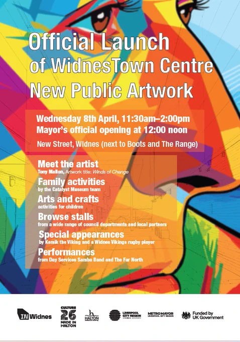 Poster for launch of public art, New Street, Widnes, April 8, 11.30-2.