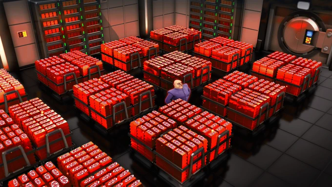 Max from Evil Genius 2 standing in a vault room filled with KitKat, instead of gold bars. 