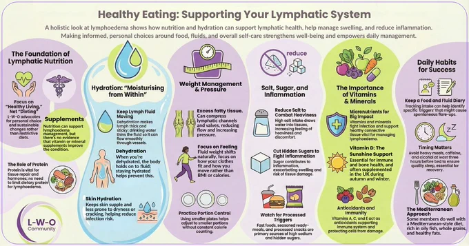 An educational infographic titled Healthy Eating: Supporting Your Lymphatic System. It uses six colourful panels with icons to explain how nutrition and hydration support lymphatic health for people with lymphoedema. Sections cover: the foundations of lymphatic nutrition; hydration and its role in lymph flow; weight management and pressure on lymphatic vessels; the impact of salt, sugar, and processed foods on inflammation; key vitamins and minerals; and daily habits such as food diaries, regular meals, and Mediterranean-style eating. The layout is bright and structured, with simple illustrations and the L-W-O Community logo.
