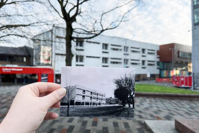 Image of Clifford Whitworth archive image within another modern day image of the Clifford Whitworth Library 