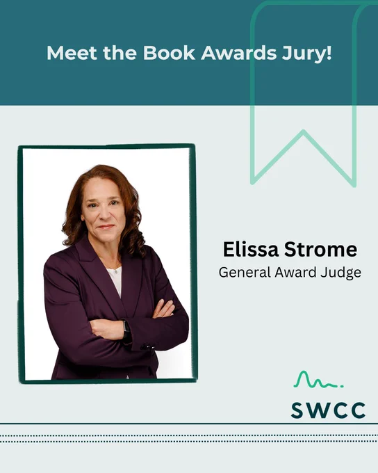 Headshot of Elissa Strome, General Award Judge for the SWCC Book Awards Jury. She is wearing a dark purple blazer and stands with her arms crossed, smiling confidently. The SWCC logo appears in the bottom right corner.