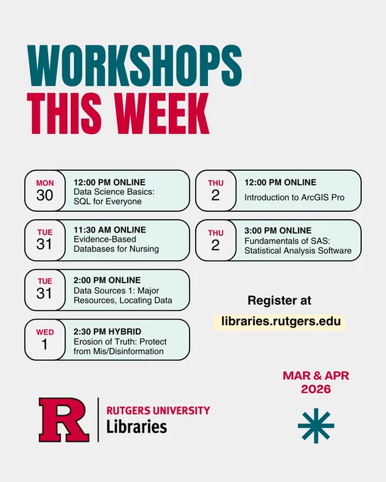 Workshops schedule flyer from Rutgers University Libraries for the week of March 30 to April 2, 2026. Sessions include topics like data science basics, evidence-based databases for nursing, data sources, mis/disinformation, and SAS software. Registration link: libraries.rutgers.edu.