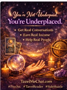 You’re undervaluing your gift.

Most psychics aren’t underpaid…

They’re just on the wrong platform.

You don’t need more followers.

You need:
• Real conversations
• Real clients
• Real income

There are people right now who need guidance.

The question is…

Are you available to them?

https://tazelmechat.com/tazelmechat-for-psychics-palmists-tarot-card-readers-spiritual-advisors/

#psychics #palmists #tarotcards #spiritualadvisors
