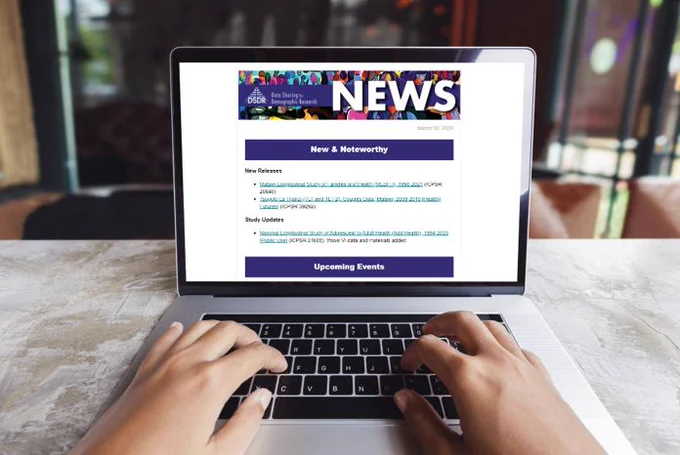 Screen capture of the "New & Noteworthy" and "Upcoming Events" sections of the newsletter appear on the screen of a laptop.
