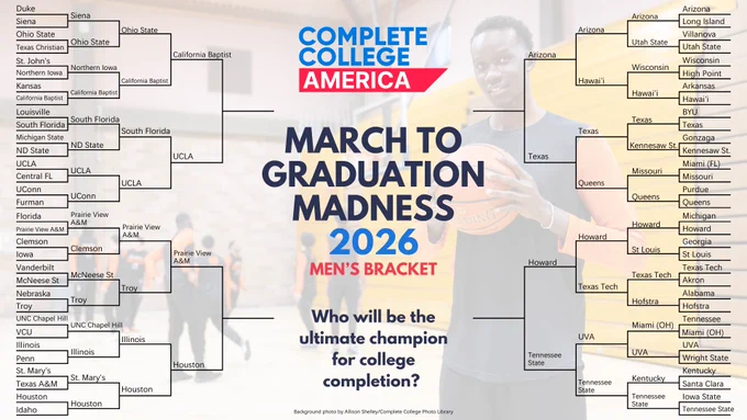 The March to Graduation Madness Men's Elite 8:
California Baptist University | UCLA | Prairie View A&M University | University of Houston | University of Arizona | The University of Texas at Austin | Howard University | Tennessee State University