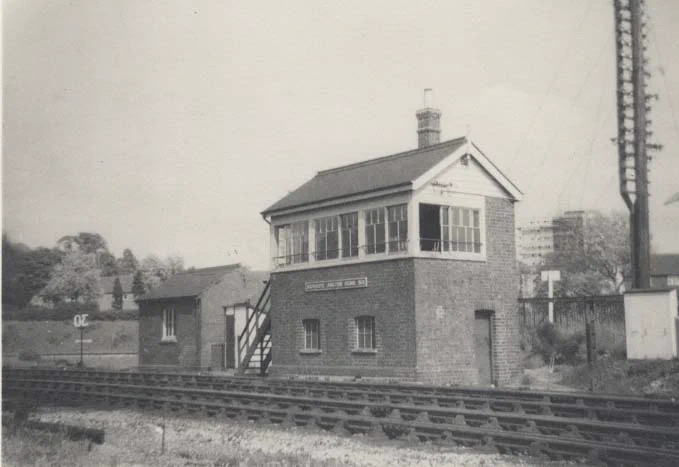 Black and white photo of the railway signal box at Southcote Junction.