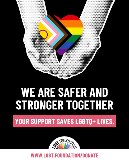 Hands holding a heart with the LGBTQ  progress flag colors symbolizing unity and support for LGBTQ  lives.