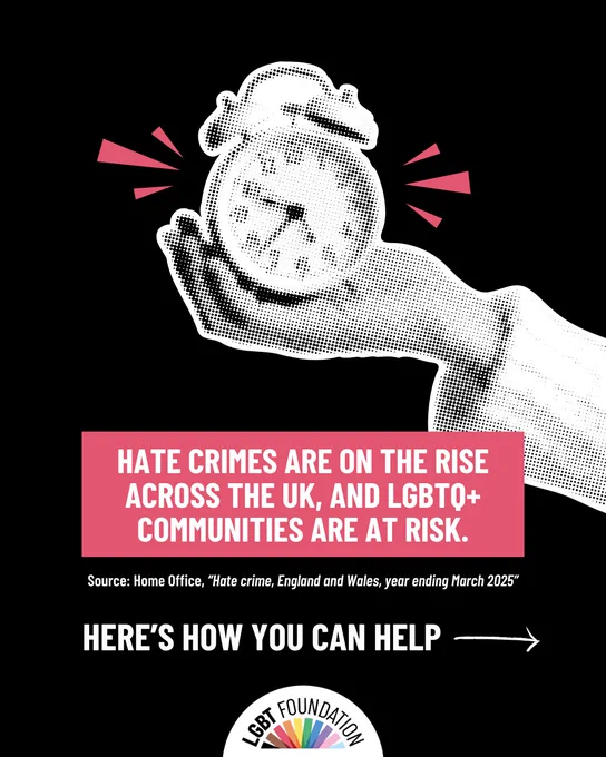 A hand holding a ringing alarm clock symbolizes urgency about rising hate crimes against LGBTQ  communities in the UK.