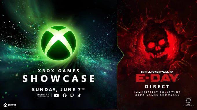 Xbox Game Showcase promotional image that shows the Xbox and Gears of War: E-Day logos next to one another. On the left, on top of green particles and light, text reads: "Xbox Games Showcase. Sunday June 7th. 10 AM PT. 1 PM ET / 6 PM BST," followed by the YouTube, Facebook, Twitch and TikTok logos. On the right, on top of red and black cracking asphalt, text reads: "Gears of War: E-Day. Direct. Immediately following Xbox Games Showcase." Xbox’s and The Coalition’s logos can be seen at the bottom left and bottom right of the image, respectively.