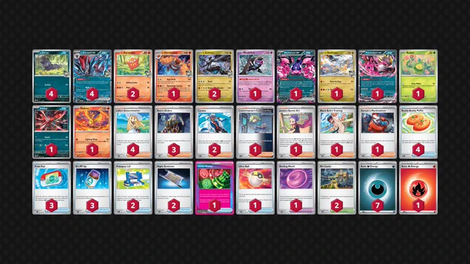 Pokémon: 20
4 N's Zorua JTG 97
4 N's Zoroark ex JTG 98
2 N's Darumaka JTG 26
1 N's Darmanitan JTG 27
2 N's Zekrom ASC 155
1 Munkidori TWM 95
1 Pecharunt ex SFA 39
1 N's Reshiram JTG 116
1 Fezandipiti ex ASC 142
1 Budew ASC 16
1 Yveltal MEG 88
1 Moltres PFL 14

Trainer: 32
4 Lillie's Determination MEG 119
3 Boss's Orders MEG 114
2 Cyrano SSP 170
1 Ciphermaniac's Codebreaking TEF 145
1 Janine's Secret Art PRE 112
1 Black Belt's Training JTG 143
1 Xerosic's Machinations SFA 64
4 Buddy-Buddy Poffin TEF 144
3 Poké Pad POR 81
3 N's PP Up JTG 153
2 Pokégear 3.0 SVI 186
2 Night Stretcher ASC 196
1 Unfair Stamp TWM 165
1 Ultra Ball MEG 131
1 Binding Mochi PRE 95
2 N's Castle JTG 152

Energy: 8
7 Darkness Energy MEE 7
1 Fire Energy MEE 2