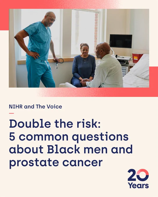 A couple talking to a doctor
Text reads:
'NIHR and The Voice'
Double the risk: 5 common questions about Black men and prostate cancer