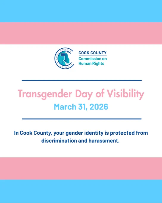 Transgender Day of Visibility. March 31, 2026. In Cook County, your gender identity is protected from discrimination and harassment. Light blue and light pink strips line the top and bottom of the image.